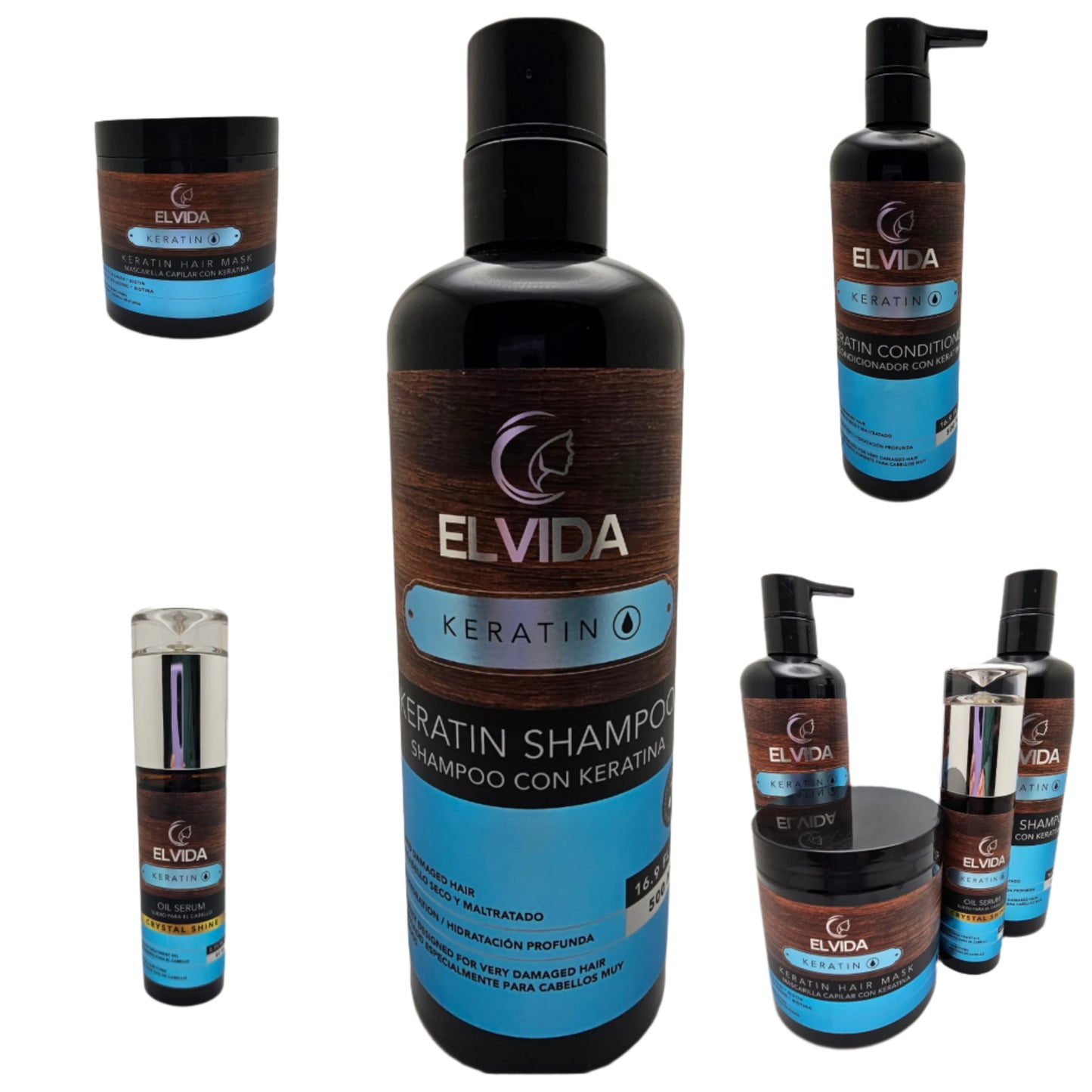 ELVIDA KERATINA (HIDRATACION PROFUNDA / DEEP HYDRATION) SHAMPOO; ACONDICIONADOR/ CONDITIONER; MASCARILLA CAPILAR / KERATIN HAIR MASK; SERUM/ SERUM  HAIR CARE KIT SULFATE-FREE; PARABEN-FREE; CRUETY-FREE; AND ORGANIC INGREDIENTS.