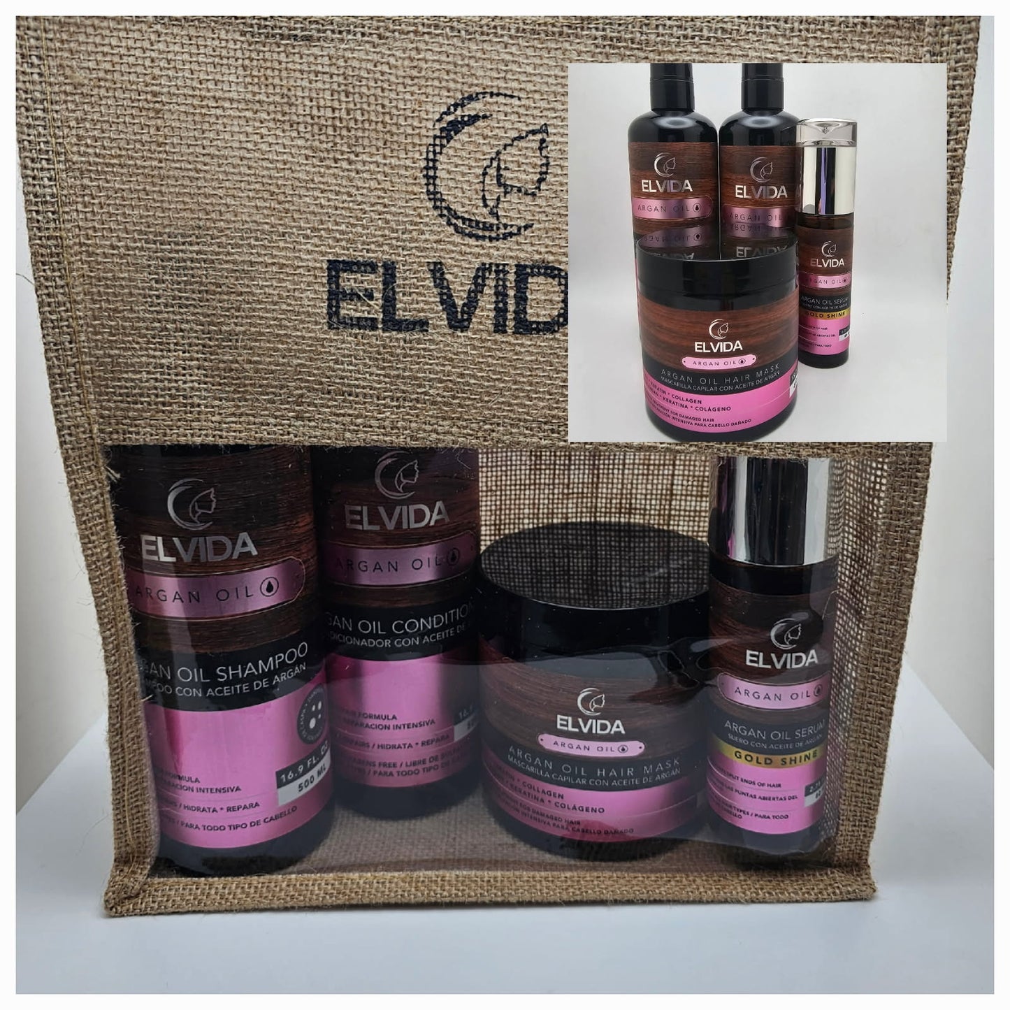 ELVIDA  ACEITE DE ARGAN /   ARGAN  OIL ( INTENSIVE REPAIR FORMULA / FORMULA DE REPARACION HAIR CARE KIT SULFATE-FREE; PARABEN-FREE; CRUELTY- FREE; AND ORGANIC INGREDIENTS