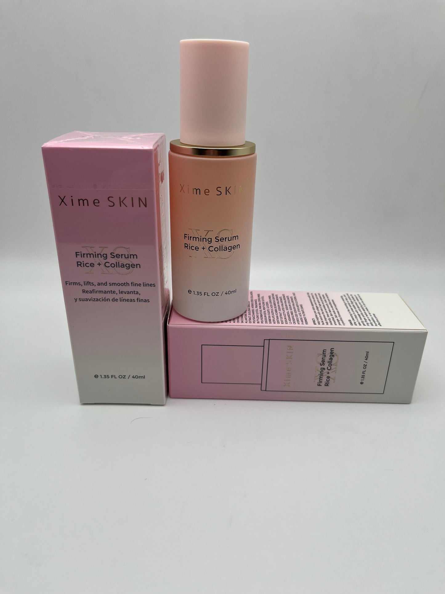 XIME SKIN FIRMING SERUM RICE + COLLAGEN FIRMS, LIFTS,  AND SMOOTH FINE LINES.  REAFIRMANTE, LEVANTA, Y SUAVIZACION DE LINEAS  FINAS.    e 1.35 FL OZ / 40ML