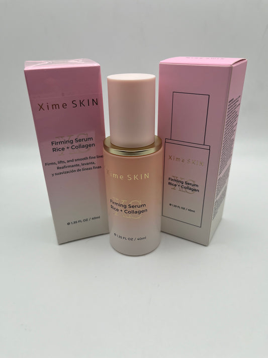 XIME SKIN FIRMING SERUM RICE + COLLAGEN FIRMS, LIFTS,  AND SMOOTH FINE LINES.  REAFIRMANTE, LEVANTA, Y SUAVIZACION DE LINEAS  FINAS.    e 1.35 FL OZ / 40ML
