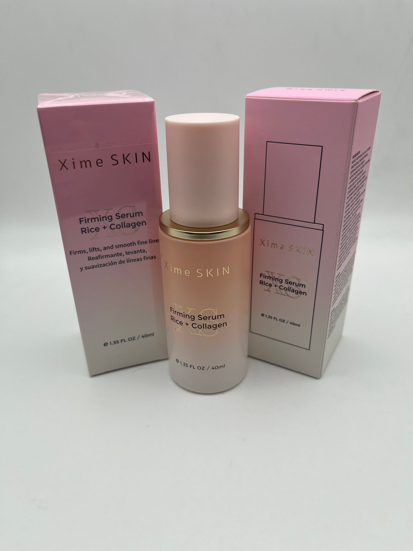 XIME SKIN FIRMING SERUM RICE + COLLAGEN FIRMS, LIFTS,  AND SMOOTH FINE LINES.  REAFIRMANTE, LEVANTA, Y SUAVIZACION DE LINEAS  FINAS.    e 1.35 FL OZ / 40ML