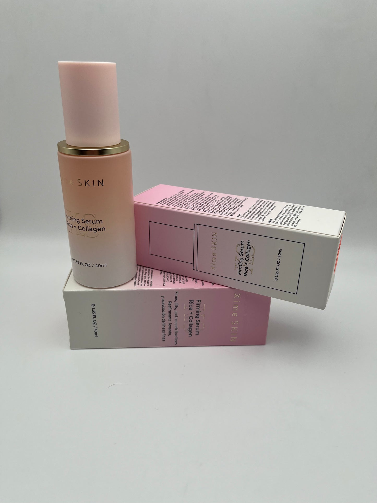 XIME SKIN FIRMING SERUM RICE + COLLAGEN FIRMS, LIFTS,  AND SMOOTH FINE LINES.  REAFIRMANTE, LEVANTA, Y SUAVIZACION DE LINEAS  FINAS.    e 1.35 FL OZ / 40ML