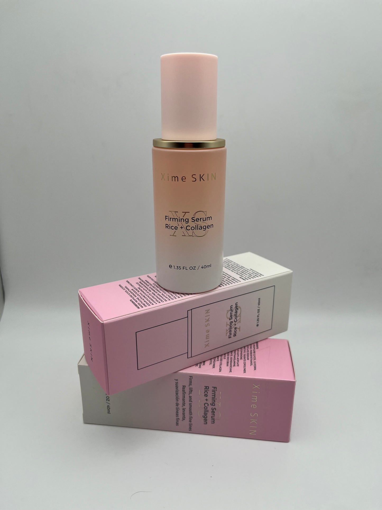 XIME SKIN FIRMING SERUM RICE + COLLAGEN FIRMS, LIFTS,  AND SMOOTH FINE LINES.  REAFIRMANTE, LEVANTA, Y SUAVIZACION DE LINEAS  FINAS.    e 1.35 FL OZ / 40ML