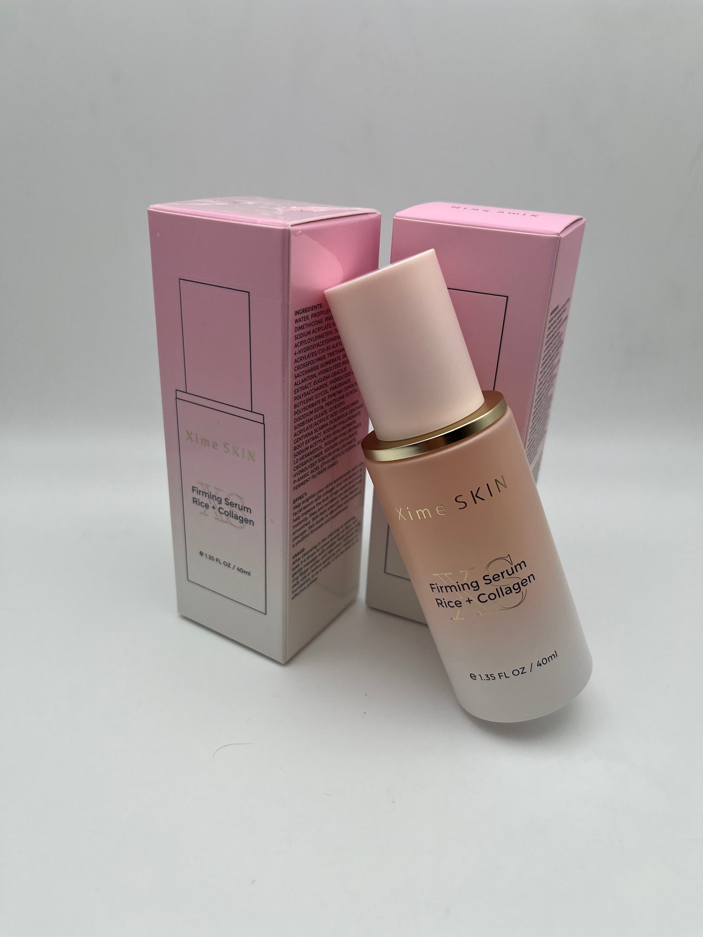 XIME SKIN FIRMING SERUM RICE + COLLAGEN FIRMS, LIFTS,  AND SMOOTH FINE LINES.  REAFIRMANTE, LEVANTA, Y SUAVIZACION DE LINEAS  FINAS.    e 1.35 FL OZ / 40ML