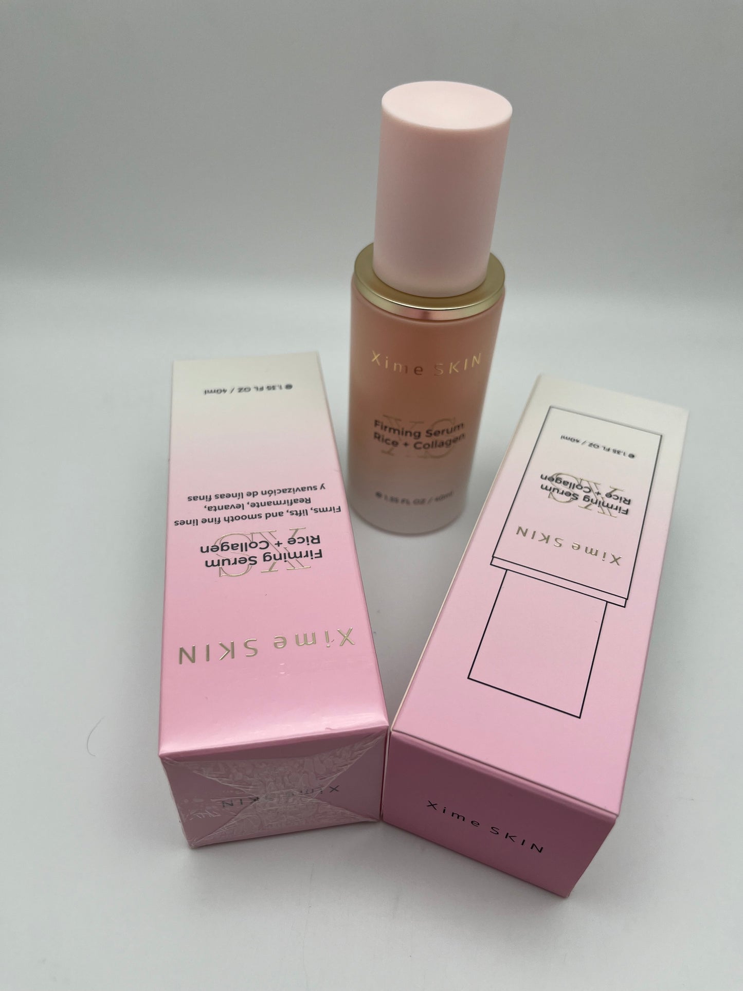 XIME SKIN FIRMING SERUM RICE + COLLAGEN FIRMS, LIFTS,  AND SMOOTH FINE LINES.  REAFIRMANTE, LEVANTA, Y SUAVIZACION DE LINEAS  FINAS.    e 1.35 FL OZ / 40ML