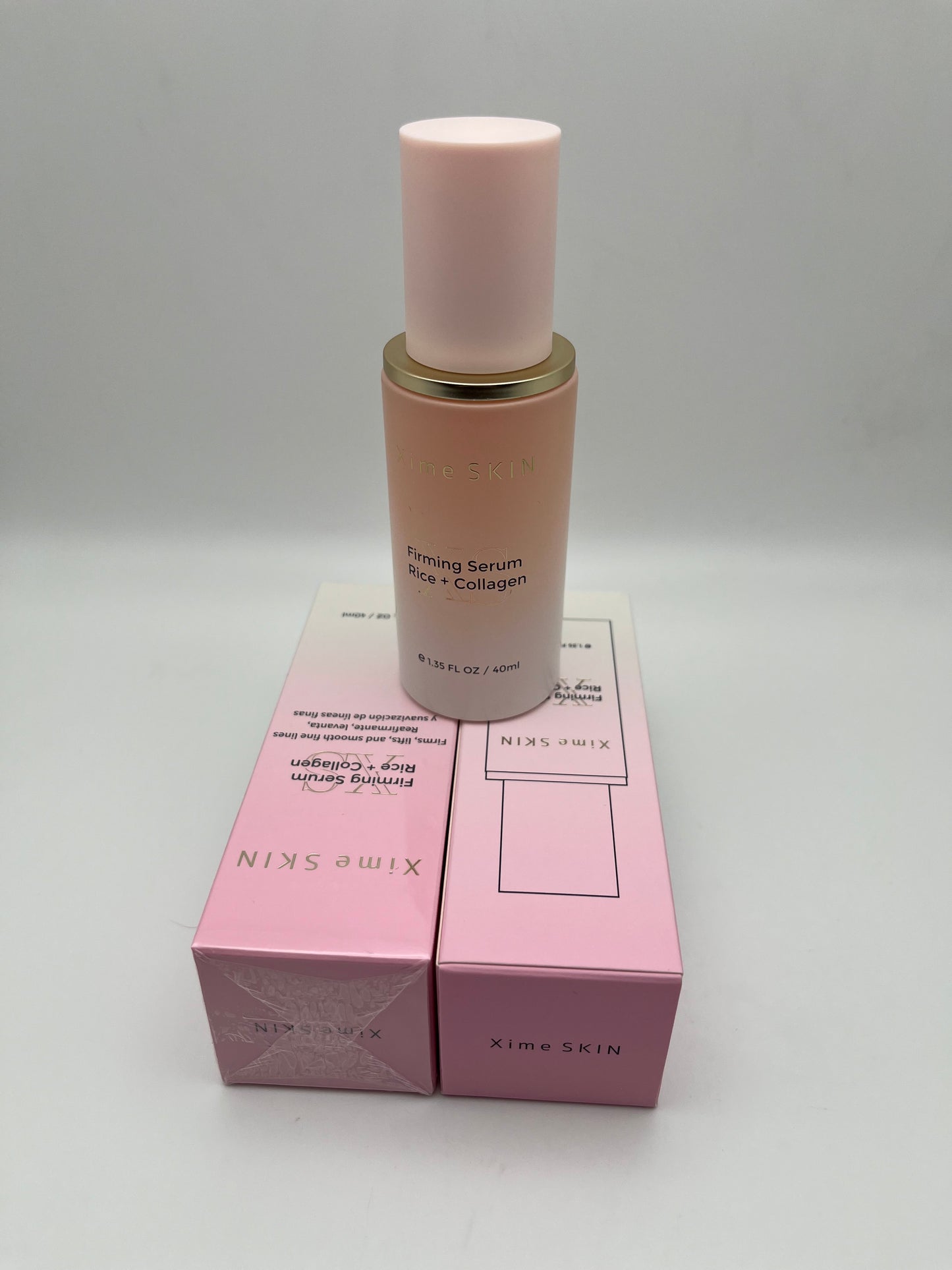 XIME SKIN FIRMING SERUM RICE + COLLAGEN FIRMS, LIFTS,  AND SMOOTH FINE LINES.  REAFIRMANTE, LEVANTA, Y SUAVIZACION DE LINEAS  FINAS.    e 1.35 FL OZ / 40ML