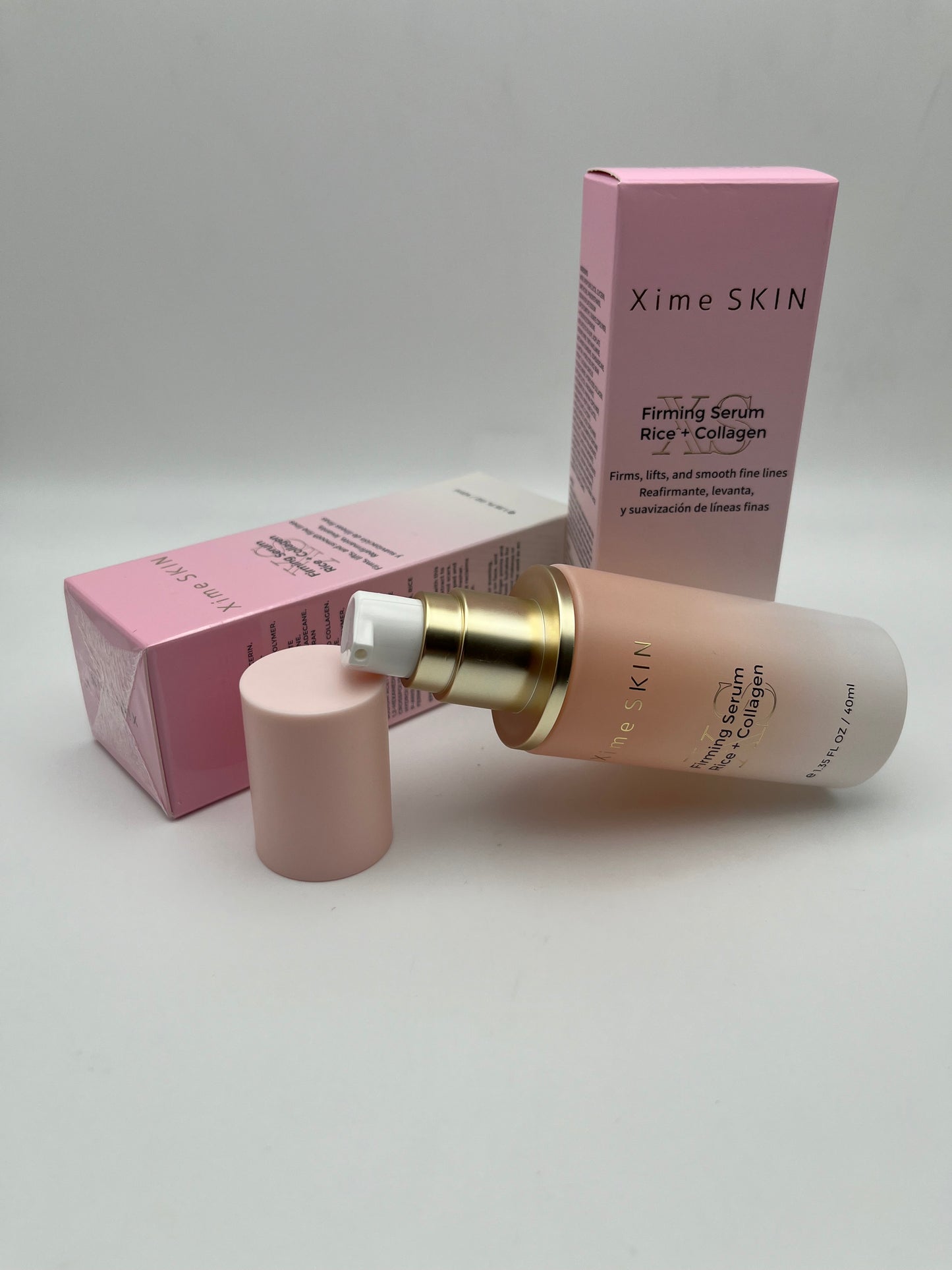 XIME SKIN FIRMING SERUM RICE + COLLAGEN FIRMS, LIFTS,  AND SMOOTH FINE LINES.  REAFIRMANTE, LEVANTA, Y SUAVIZACION DE LINEAS  FINAS.    e 1.35 FL OZ / 40ML