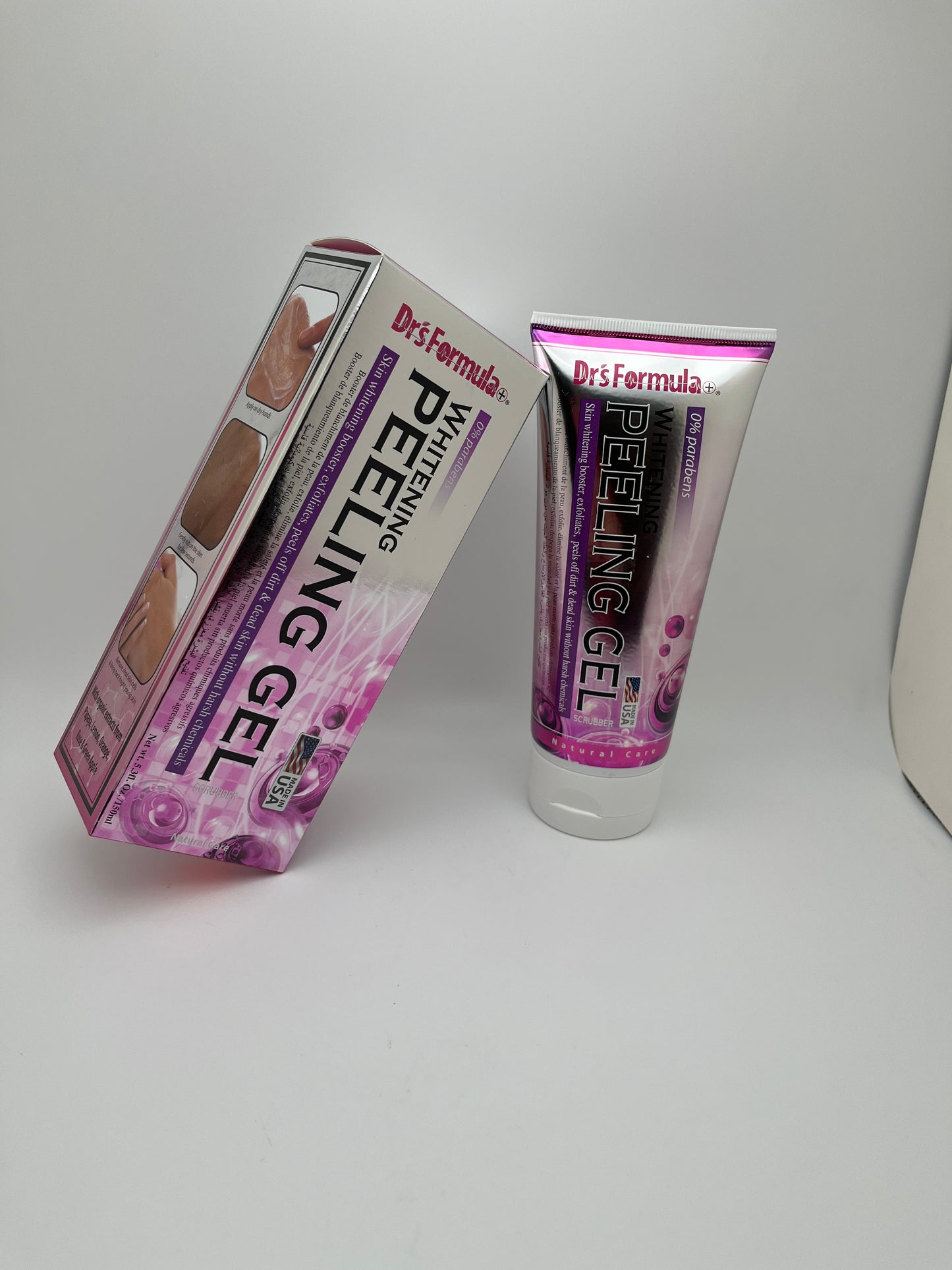 DR'S FORUMULA+ WHITENING PEELING GEL SCRUBBER  SKIN WHITENING BOOSTER, EXFOLIATES, PEELS  OFF DIRT & DEAD  SKIN WITHOUT HARSH CHEMICALS.  0% PARABENS NET.  WT. 5.30 OZ.