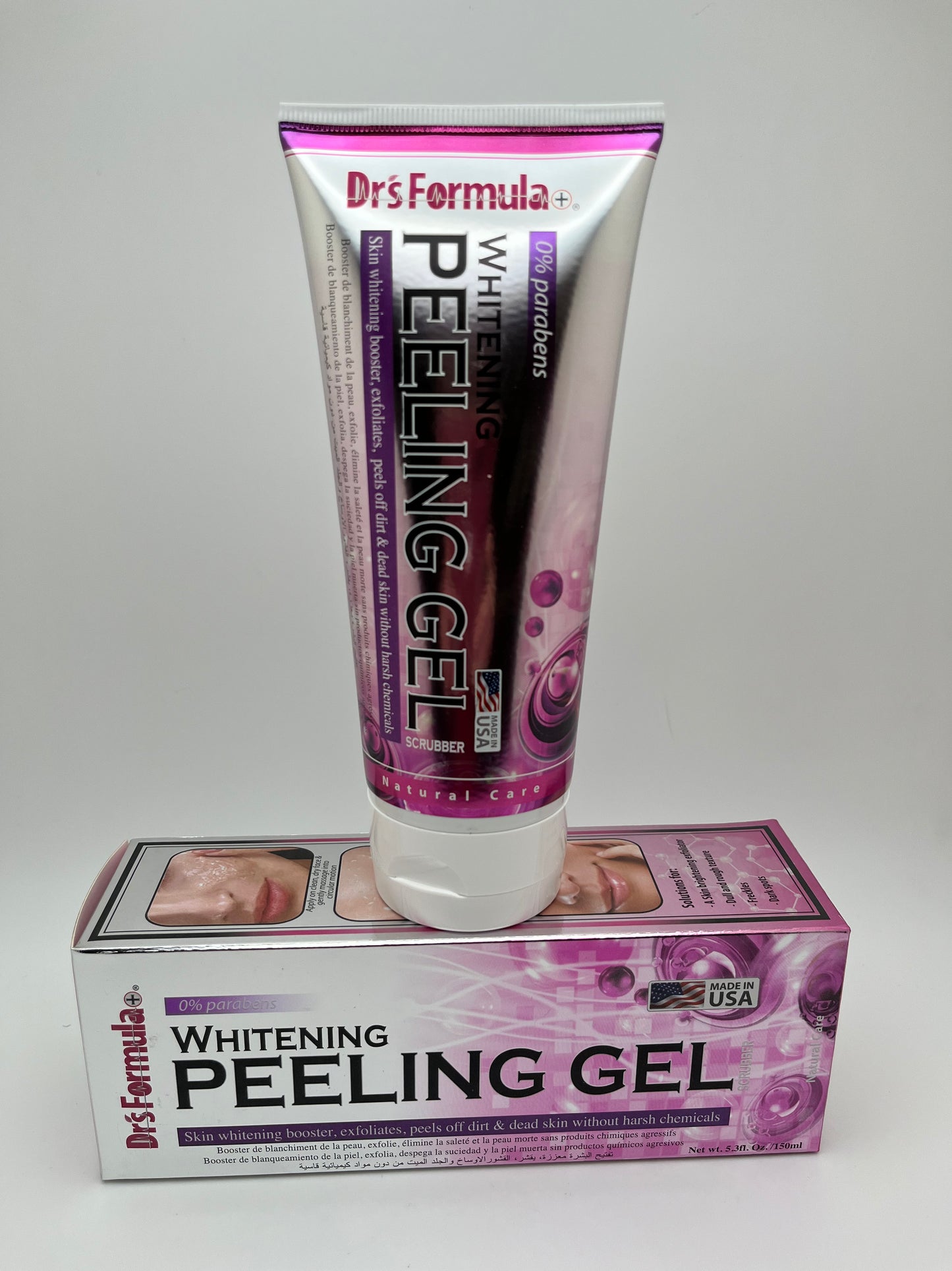 DR'S FORUMULA+ WHITENING PEELING GEL SCRUBBER  SKIN WHITENING BOOSTER, EXFOLIATES, PEELS  OFF DIRT & DEAD  SKIN WITHOUT HARSH CHEMICALS.  0% PARABENS NET.  WT. 5.30 OZ.