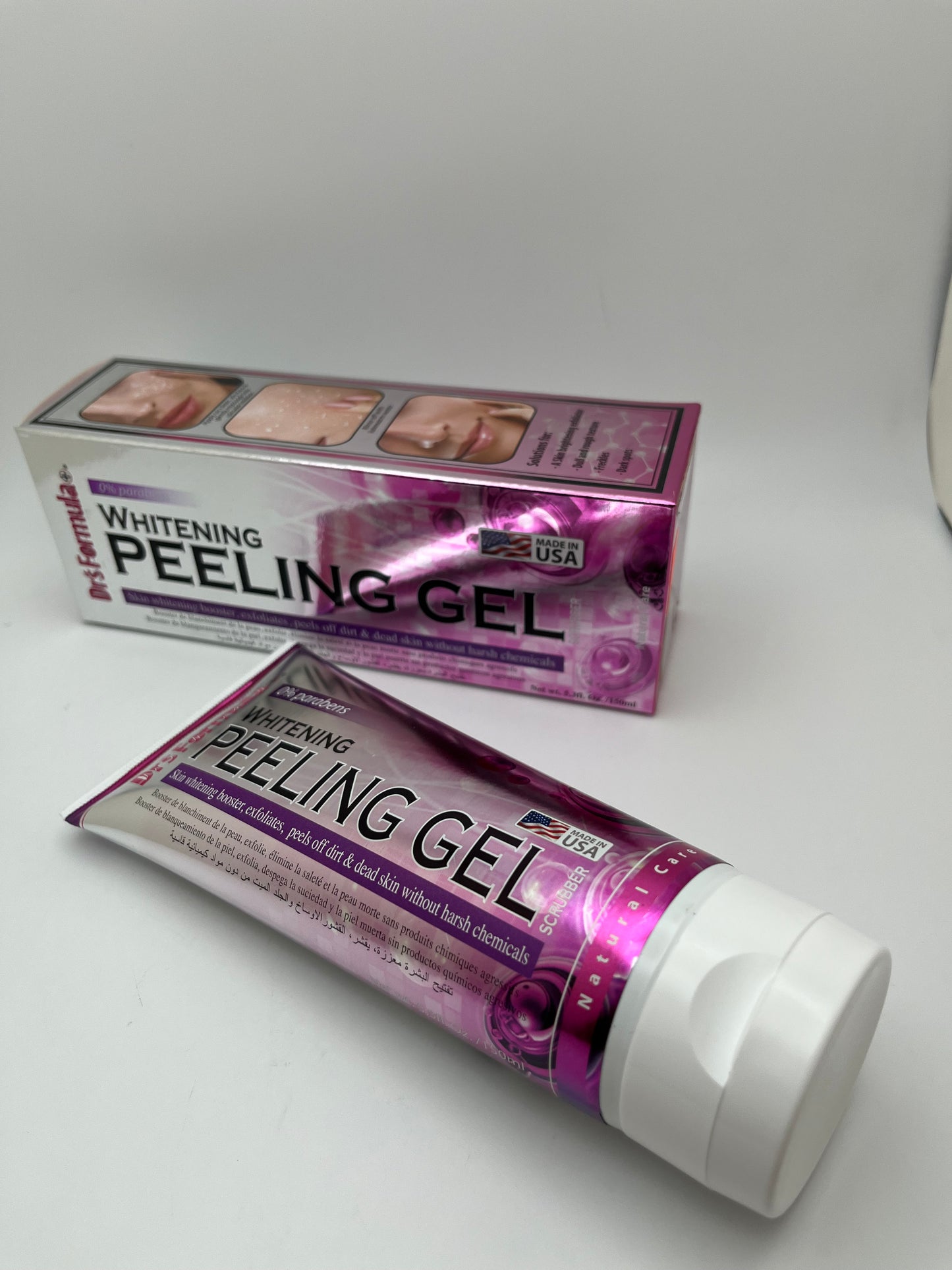 DR'S FORUMULA+ WHITENING PEELING GEL SCRUBBER  SKIN WHITENING BOOSTER, EXFOLIATES, PEELS  OFF DIRT & DEAD  SKIN WITHOUT HARSH CHEMICALS.  0% PARABENS NET.  WT. 5.30 OZ.