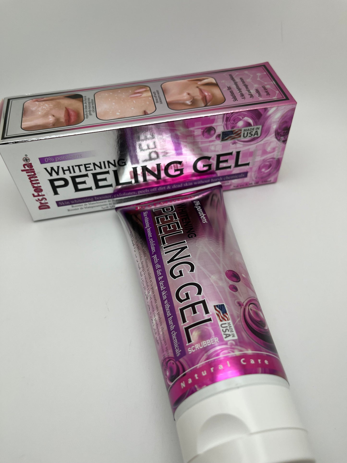 DR'S FORUMULA+ WHITENING PEELING GEL SCRUBBER  SKIN WHITENING BOOSTER, EXFOLIATES, PEELS  OFF DIRT & DEAD  SKIN WITHOUT HARSH CHEMICALS.  0% PARABENS NET.  WT. 5.30 OZ.