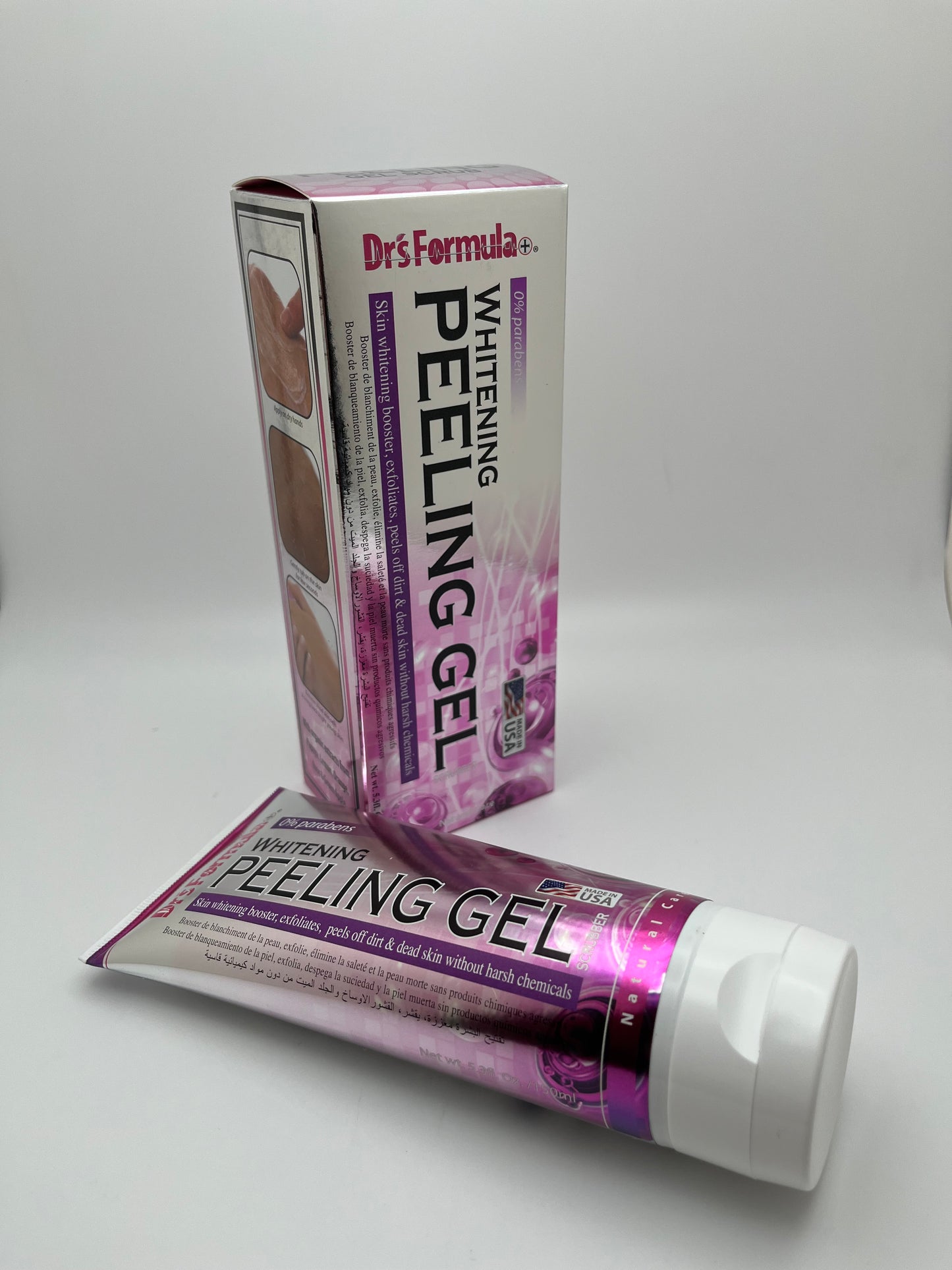 DR'S FORUMULA+ WHITENING PEELING GEL SCRUBBER  SKIN WHITENING BOOSTER, EXFOLIATES, PEELS  OFF DIRT & DEAD  SKIN WITHOUT HARSH CHEMICALS.  0% PARABENS NET.  WT. 5.30 OZ.